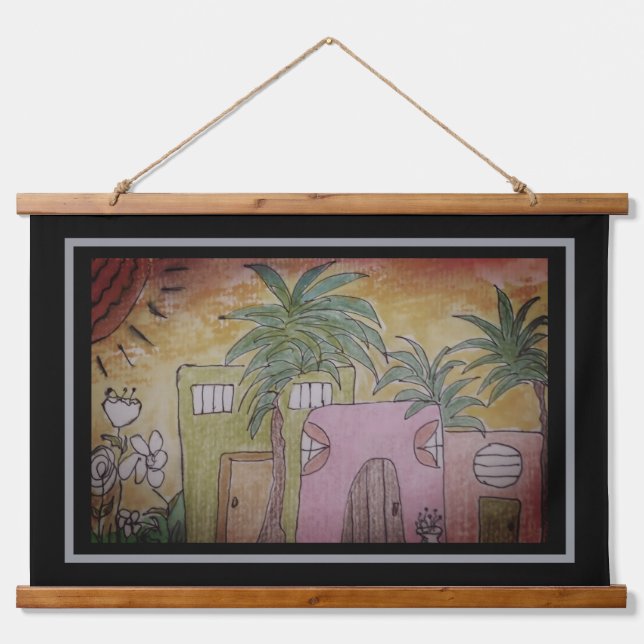 Tapiz Con Marco De Madera Huts & Palm Trees (Anverso )