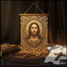 Tapiz Con Marco De Madera Icono Sagrado Dorado - Jesús