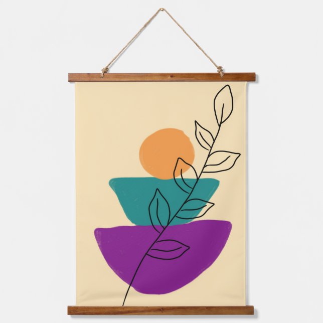 Tapiz Con Marco De Madera Ilustración boho de hojas (Anverso)