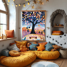 Tapiz Con Marco De Madera Ilustracion caprichoso del árbol otoñal