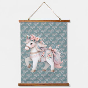 Tapiz Con Marco De Madera Ilustración de caballo fantástico en pastel floral