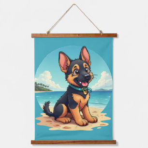 Tapiz Con Marco De Madera Ilustración de cachorro de pastor alemán lindo en