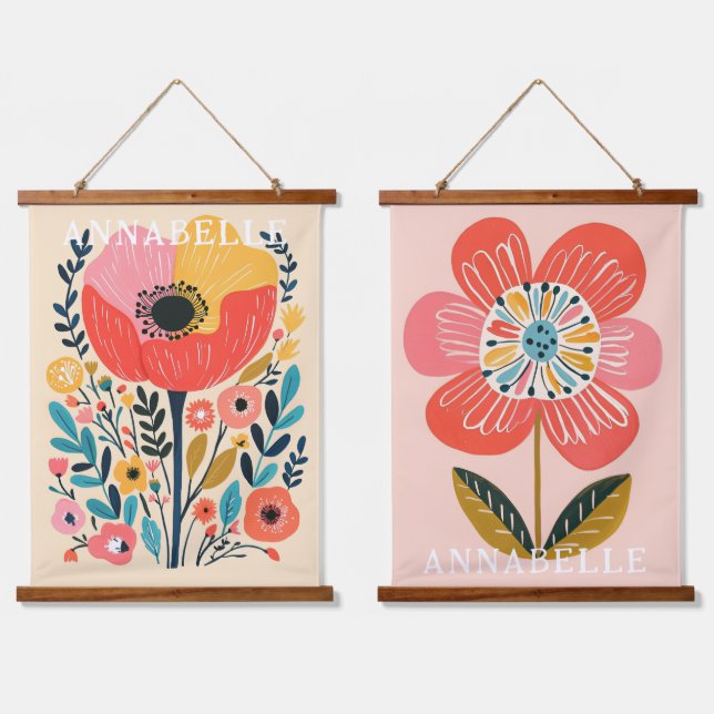 Tapiz Con Marco De Madera Ilustración de flores lindas boho primer nombre (Doble)