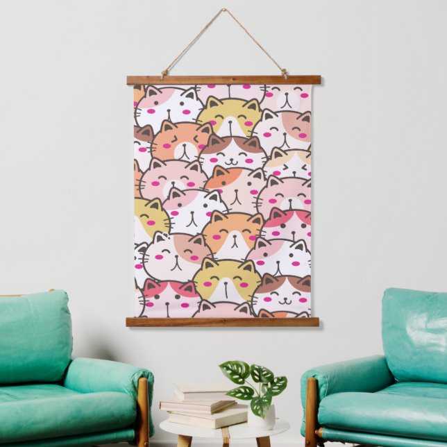 Tapiz Con Marco De Madera Ilustración de gatos (Sala de estar)