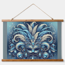 Tapiz Con Marco De Madera Ilustración de Máscara de Mascarada de Pluma Azul