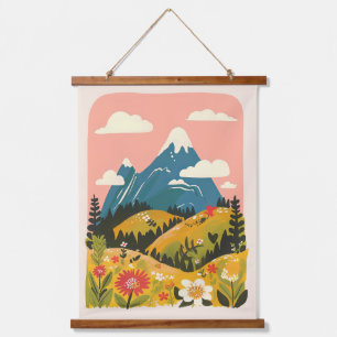 Tapiz Con Marco De Madera Ilustración de paisaje de montañas florales boho