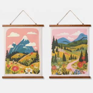 Tapiz Con Marco De Madera Ilustración de paisaje montañoso floral boho