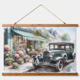 Tapiz Con Marco De Madera Ilustración en Acuarela de Coche Antiguo y Encanta