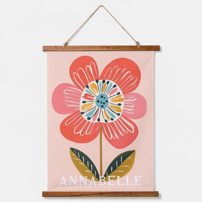 Tapiz Con Marco De Madera Ilustración Escandinava de Nombre de Flores Boho (Anverso)