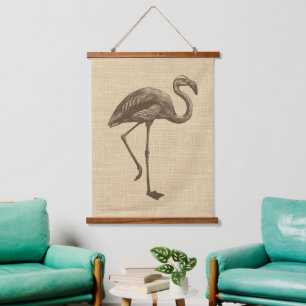 Tapiz Con Marco De Madera Ilustracion Flamingo Vintage en Burlap