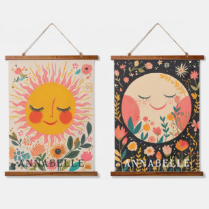 Tapiz Con Marco De Madera Ilustración Floral Boho de Sol y Luna con Primer N
