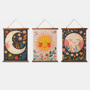 Tapiz Con Marco De Madera Ilustración Floral Boho del Sol y la Luna Adorable