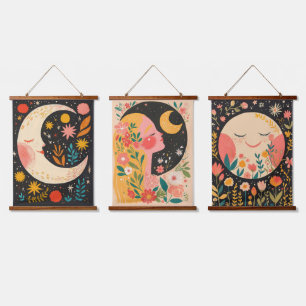 Tapiz Con Marco De Madera Ilustración Floral Boho Lunas Lindas
