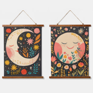 Tapiz Con Marco De Madera Ilustración Floral Boho Lunas Lindas