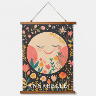 Tapiz Con Marco De Madera Ilustración Floral Boho Noche de Luna Nombre