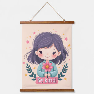 Tapiz Con Marco De Madera Ilustración Kawaii "Sé Amable"