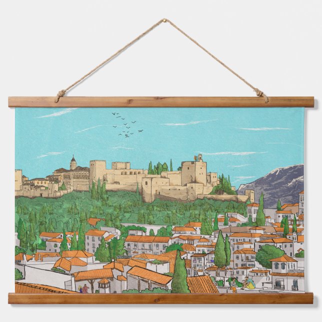 Tapiz Con Marco De Madera Ilustracion paisajístico Granada Cityview España (Anverso )