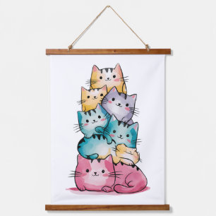 Tapiz Con Marco De Madera Impresión de arte de gatos de acuarela caprichosa 