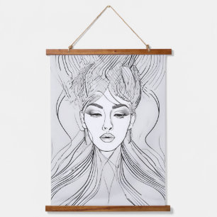 Tapiz Con Marco De Madera Impresión de arte de línea de retrato femenino min
