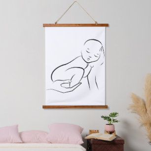Tapiz Con Marco De Madera Inocencia Acunada – Arte de Línea Minimalista para