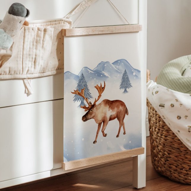 Tapiz Con Marco De Madera Invernadero de muros de cerda de alce animal ártic (Winter Arctic Animal Moose Nursery Wall Decor Hanging Tapestry)