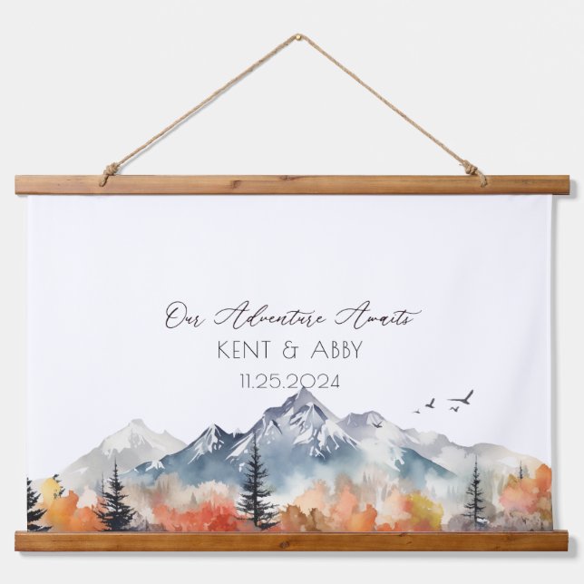 Tapiz Con Marco De Madera Invitado de Boda de acuarela de montaña neutral (Anverso )