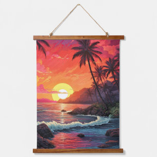Tapiz Con Marco De Madera Isla paraíso de playa tropical al atardecer