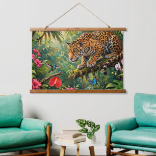 Tapiz Con Marco De Madera Jaguar Selva Colibríes Mariposas Flores