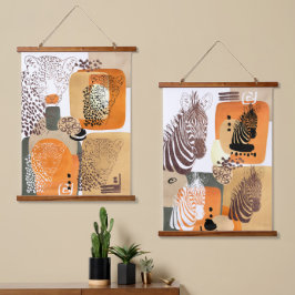 Tapiz Con Marco De Madera Jaguar Zebra Earth Tones arte pop abstracto modern