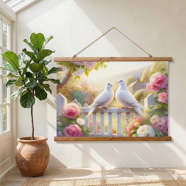 Tapiz Con Marco De Madera Jardín de Casa de Palomas Blancas (White Doves Cottage Garden Hanging Tapestry)