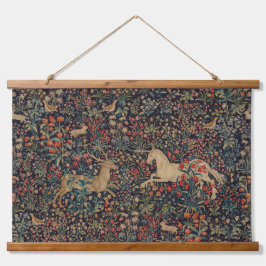 Tapiz Con Marco De Madera Jardín de flores medievales de Unicornio Midnight