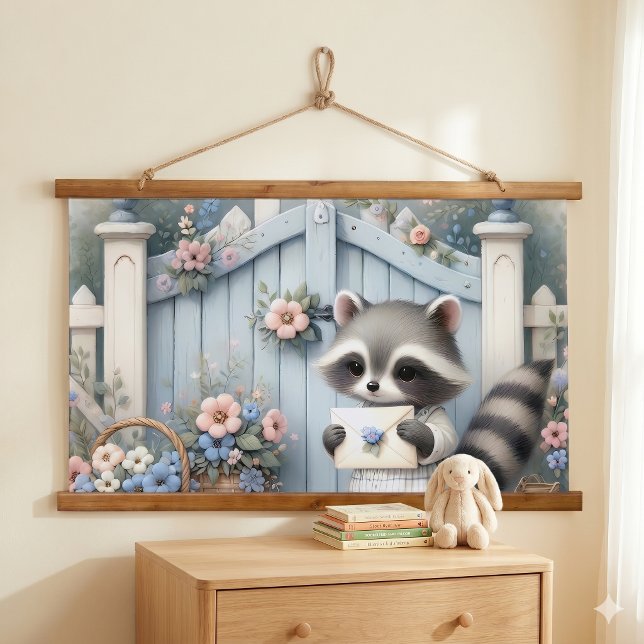 Tapiz Con Marco De Madera Jardín de Letras del Mapache Pastel (Pastel Raccoon Letter Garden Hanging Tapestry)