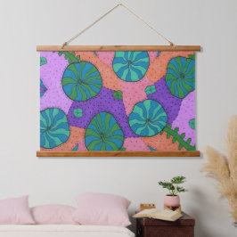 Tapiz Con Marco De Madera Jardín marino retro en Naranja y morado