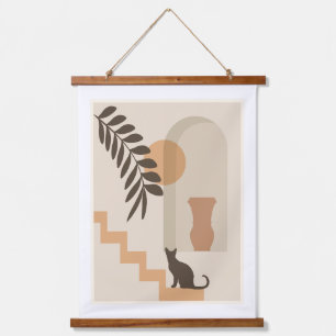 Tapiz Con Marco De Madera Jarrón de hoja de escalera Gato, Arte geométrico a