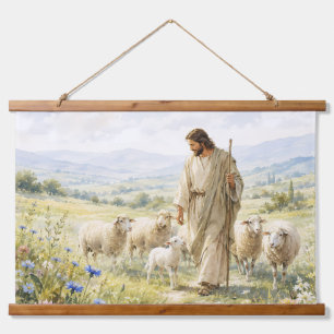 Tapiz Con Marco De Madera Jesús Buen Pastor Acuarela de Flores Silvestres