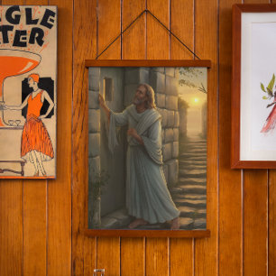 Tapiz Con Marco De Madera Jesús llamando a una puerta rústica