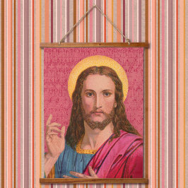 Tapiz Con Marco De Madera Jesús Nuestro Salvador Panel Colgante