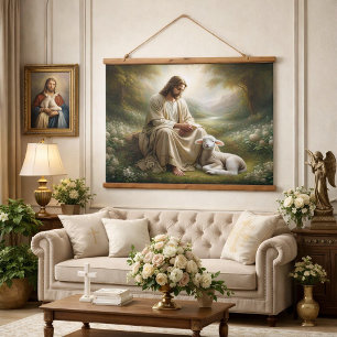 Tapiz Con Marco De Madera Jesús y Cordero