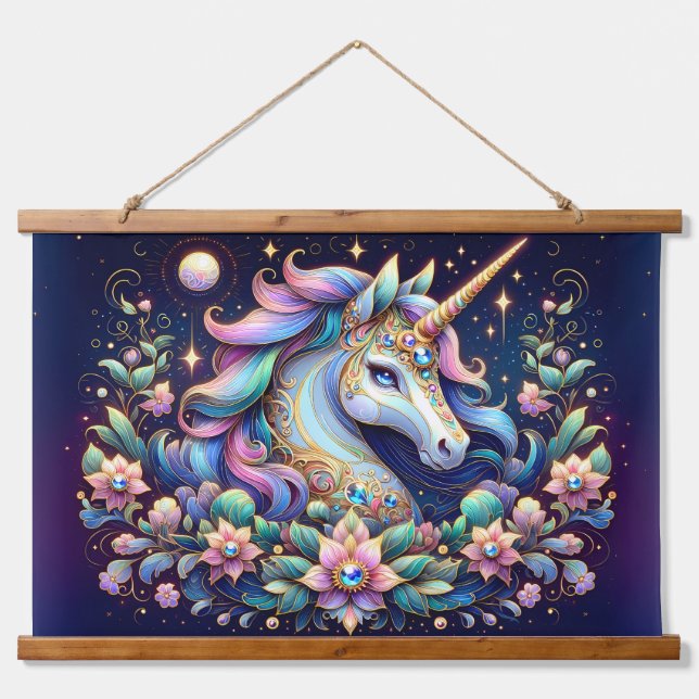 Tapiz Con Marco De Madera Jewel Toned Unicorn Floral Fantasy (Anverso )
