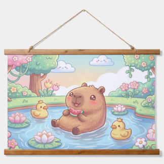 Tapiz Con Marco De Madera Kawaii capy in a pond