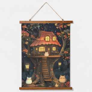 Tapiz Con Marco De Madera La Casa del Árbol Encantada de los Gatos Brillante