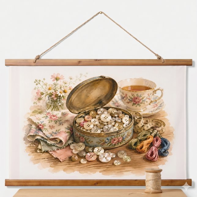 Tapiz Con Marco De Madera La lata del botón (The Button Tin Hanging Tapestry)