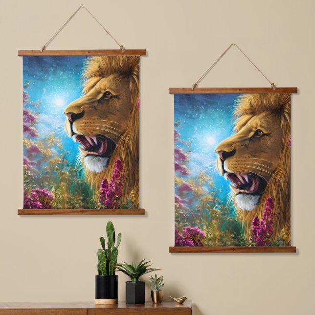Tapiz Con Marco De Madera La postura de un león (Asimétrico)