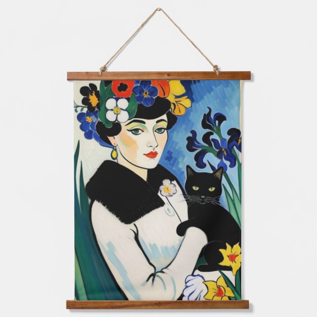 Tapiz Con Marco De Madera Lady con gato negro (Anverso)