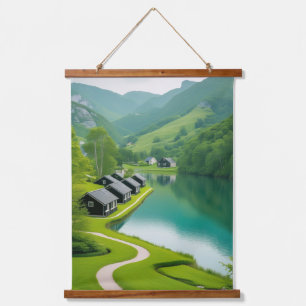 Tapiz Con Marco De Madera "Lakeside Calm, Montaña Majestad - En Su Espacio"