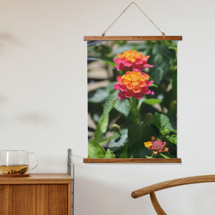 Tapiz Con Marco De Madera Lantana Rosa Naranja Botánica Floral Fotográfica