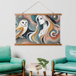 Tapiz Con Marco De Madera Lechuza Retro de Arte Popular y Bruja Boho