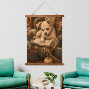 Tapiz Con Marco De Madera Lecturas acogedoras de otoño Perrito amante de los