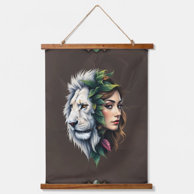 Tapiz Con Marco De Madera León blanco y mujer (Anverso)