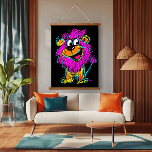 Tapiz Con Marco De Madera León de arte pop neón: juguetón y colorido